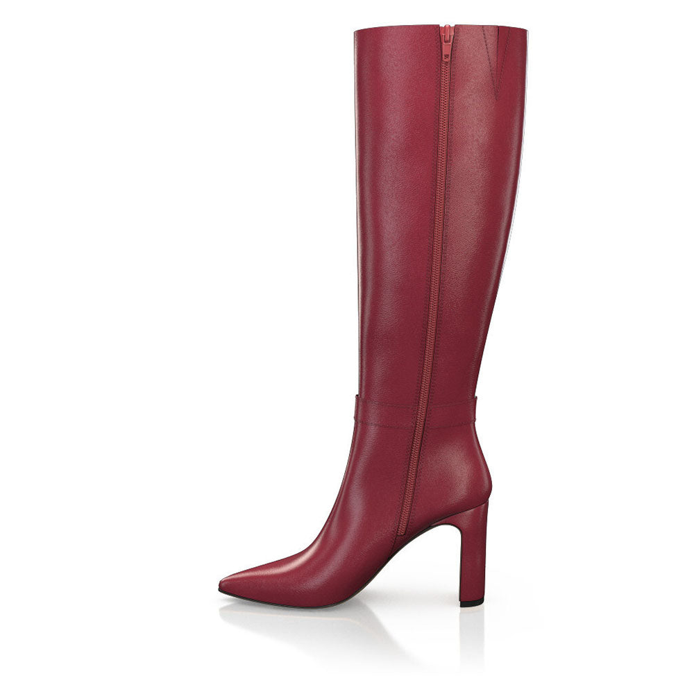 FSJ Burgundy Pointed Toe Heeled Knee High Boots with Ring Buckle