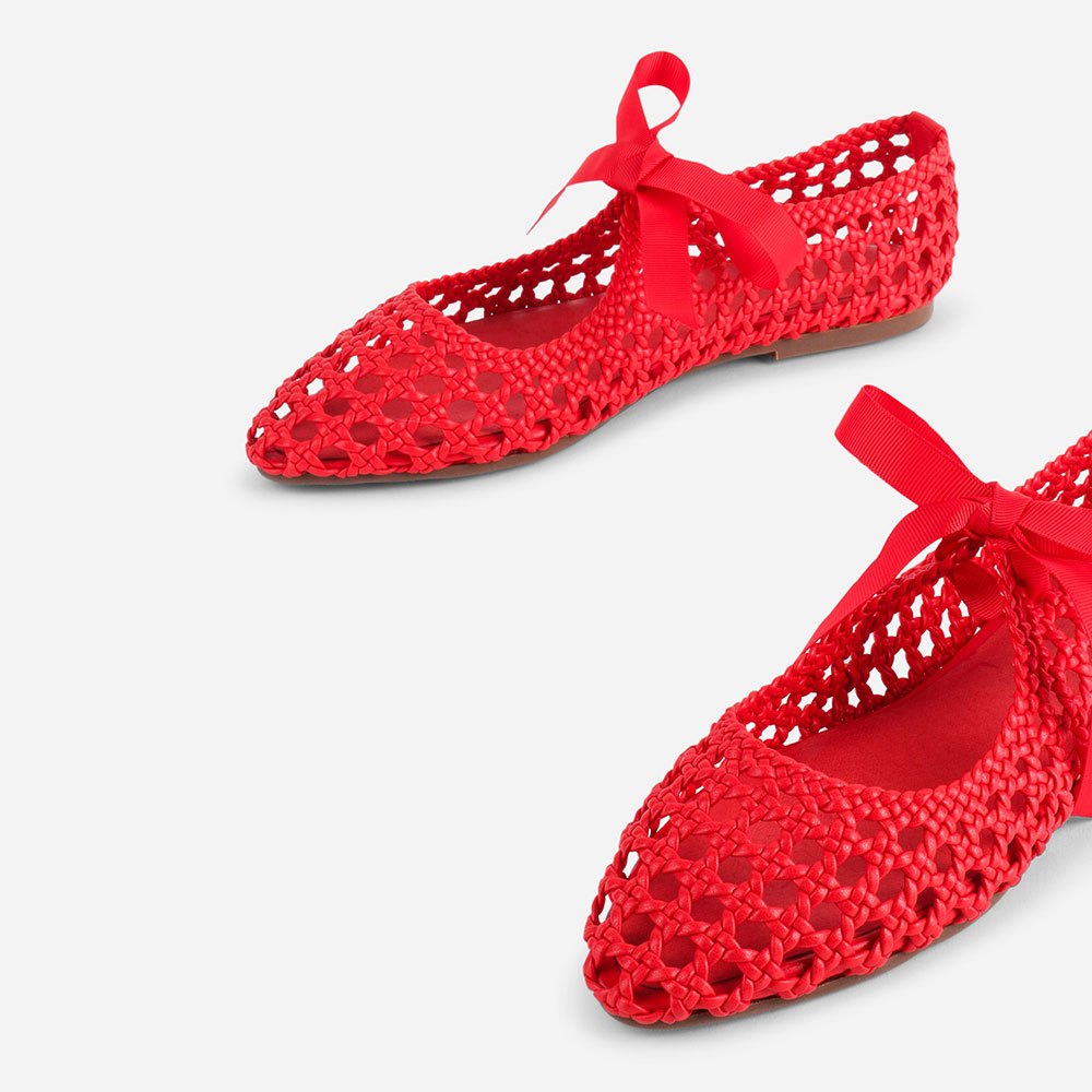 Red Vegan Leather Closed-Toe Woven Tie-Up Flat Shoes for Women
