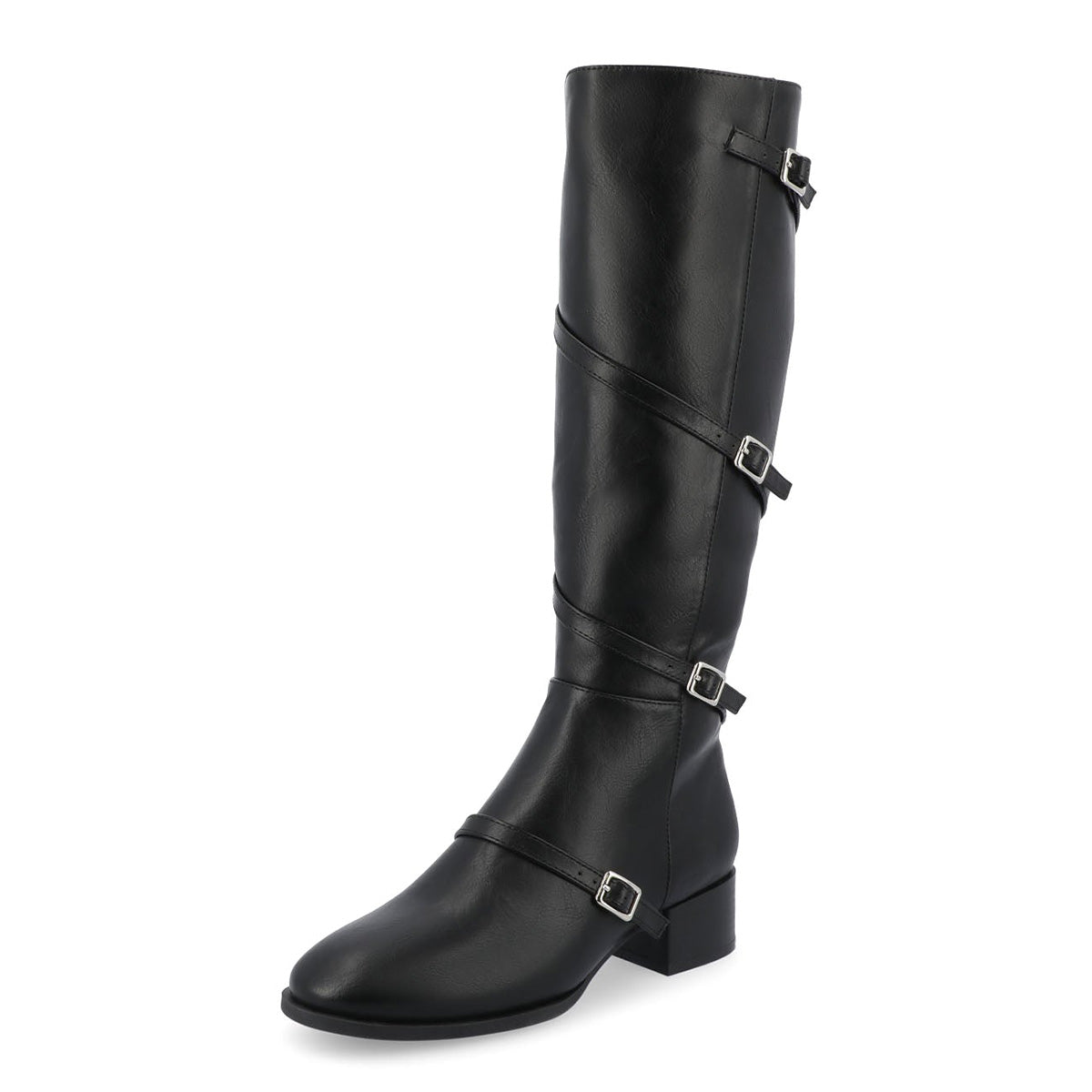 Black Buckle Strappy Round Toe Block Heel Knee High Boots for Women