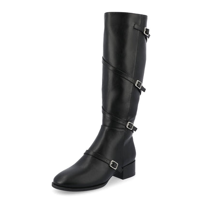 Black Buckle Strappy Round Toe Block Heel Knee High Boots for Women
