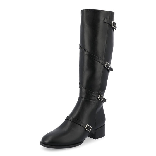 Black Buckle Strappy Round Toe Block Heel Knee High Boots for Women
