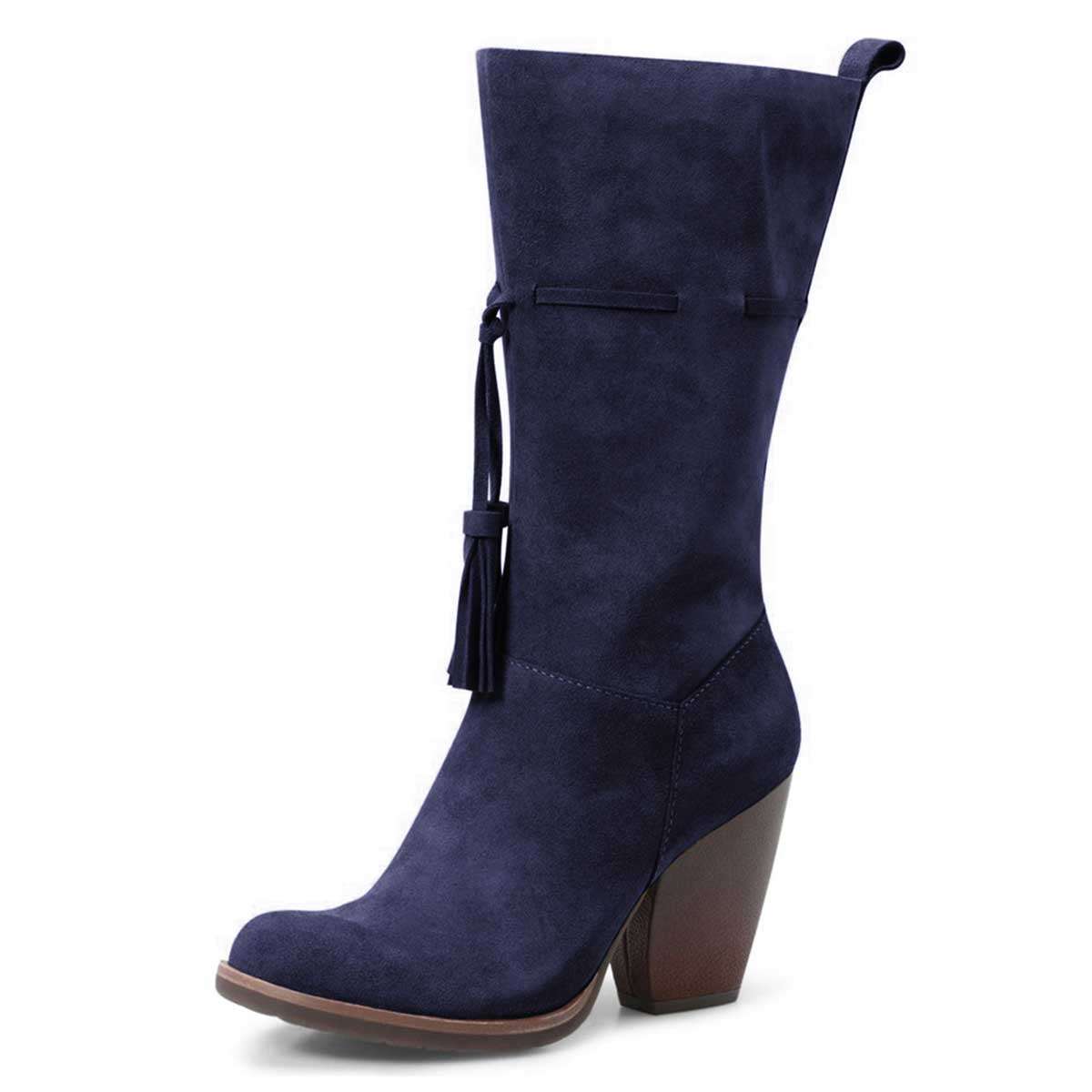 Navy Blue Closed Toe Tasseled Tie Front Chunky Heel Mid Calf Boots