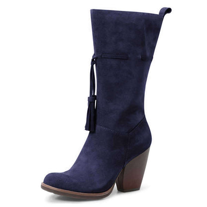 Navy Blue Closed Toe Tasseled Tie Front Chunky Heel Mid Calf Boots