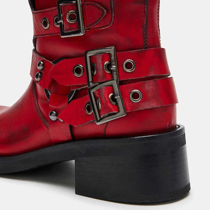 Maroon Distressed Round Toe Chunky Heel Buckled Knee High Boots