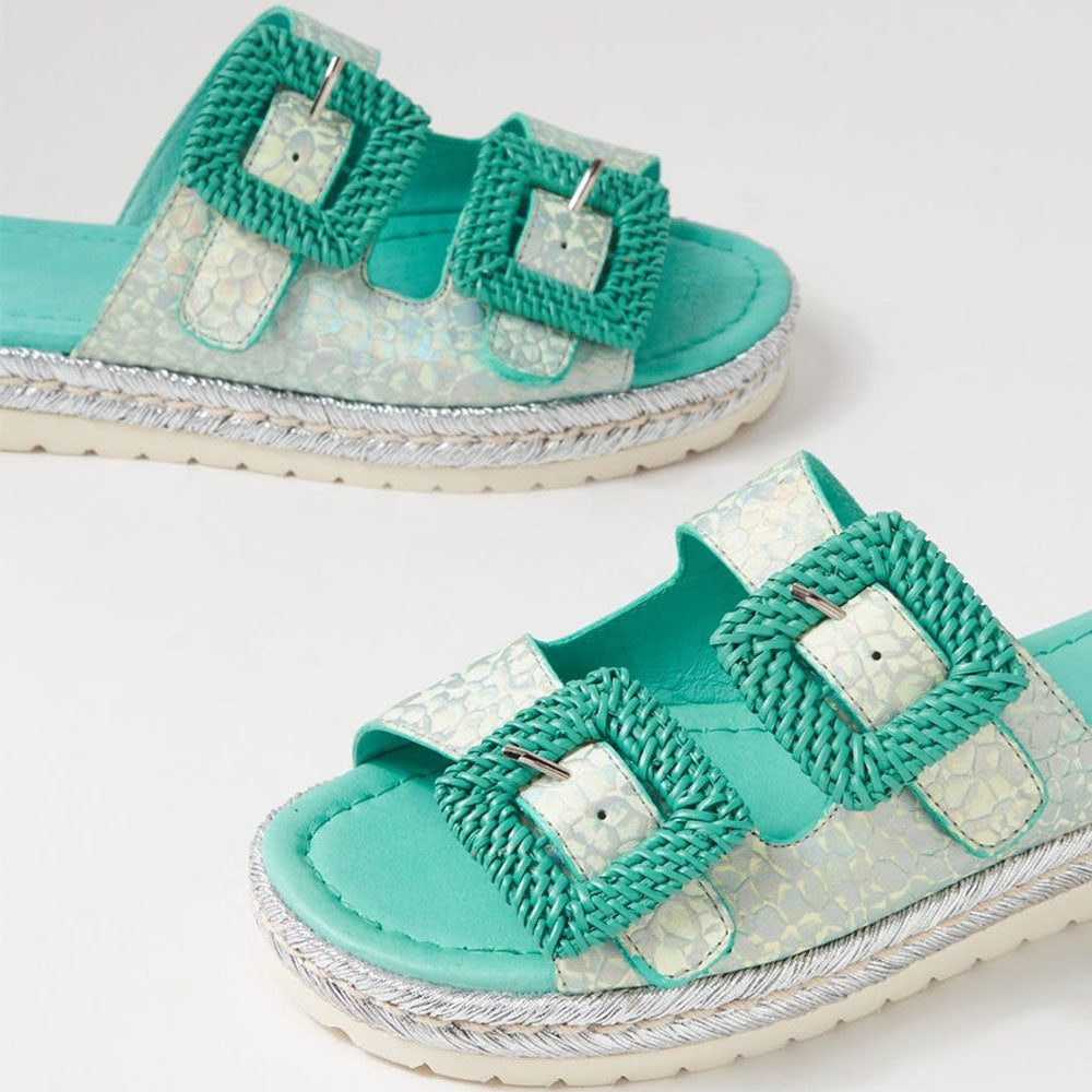 Women's Turquoise Woven Square Buckle Espadrille Slides Shoes
