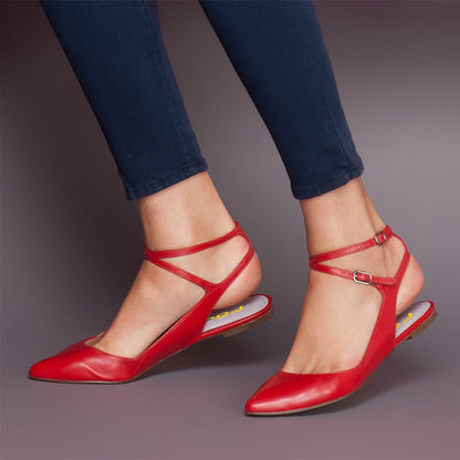 Red Pointed Toe Flats Crisscross Strap Slingback Shoes for Women