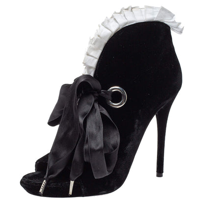 Black Velvet Stiletto Heel Lace Up Open Toe Boots with White Ruffle