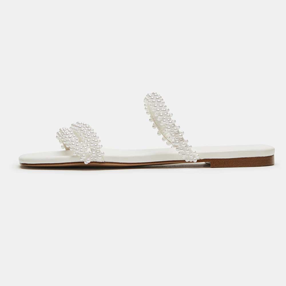 Women's Vegan Leather Square Toe Pearl Inlay Flat White Slippers