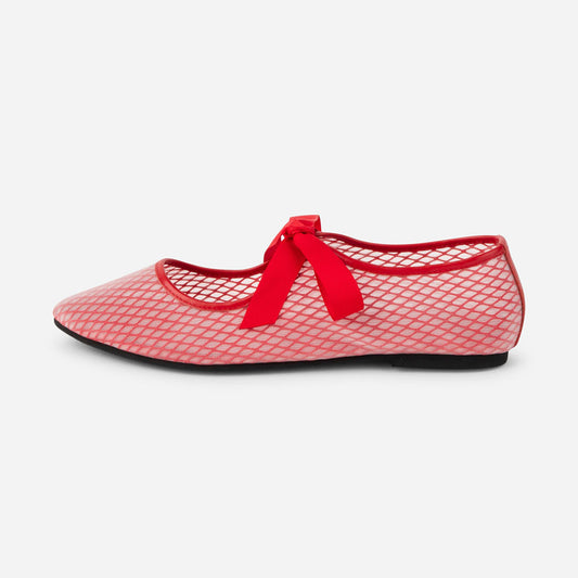 Comfortable Mesh Closed-Toe Ballet Style Lace-Up Flats in Red