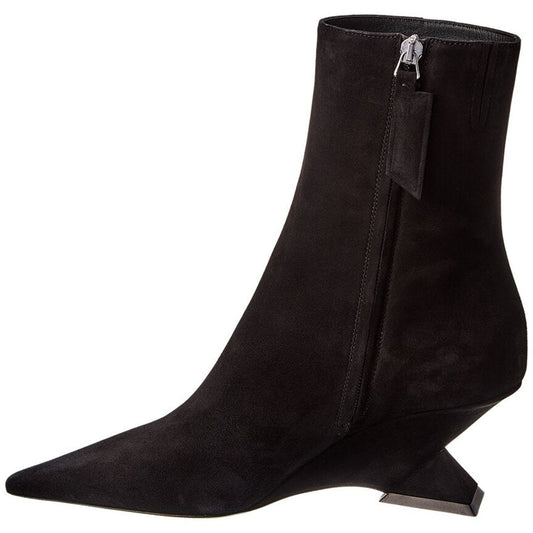 Black Vegan Suede Pointed Toe Angled Heel Side-Zipper Ankle Boots