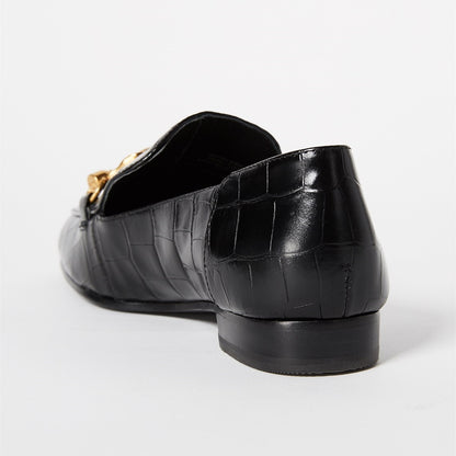 Black Croco Embossed Flats Gold Metal Buckle Loafer Shoes Women