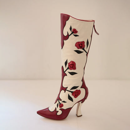 Red and Ivory Pointed Toe Rose Spool Heel Zipper Knee High Boots