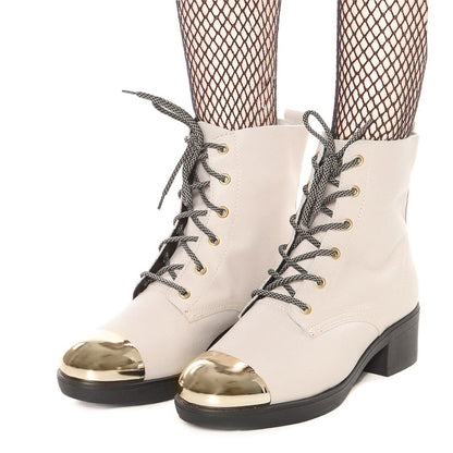 Women's Metal Round Toe Tie-Up Chunky Heel Ankle Boots in Beige
