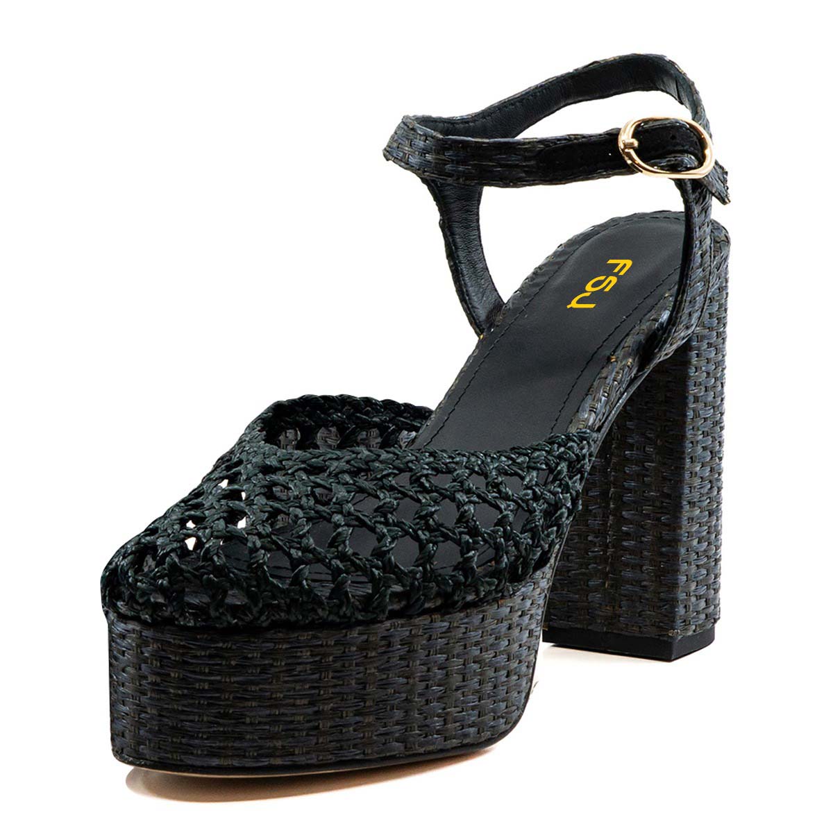 Dark Green Round Toe Woven Ankle Strap Platform High Heels Sandals