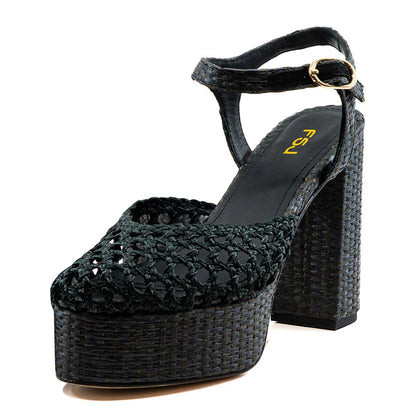 Dark Green Round Toe Woven Ankle Strap Platform High Heels Sandals