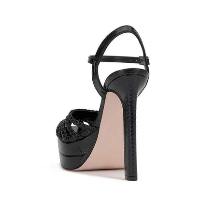 Black Woven Round Toe Chunky Heel Buckle Ankle Strap Platform Sandals