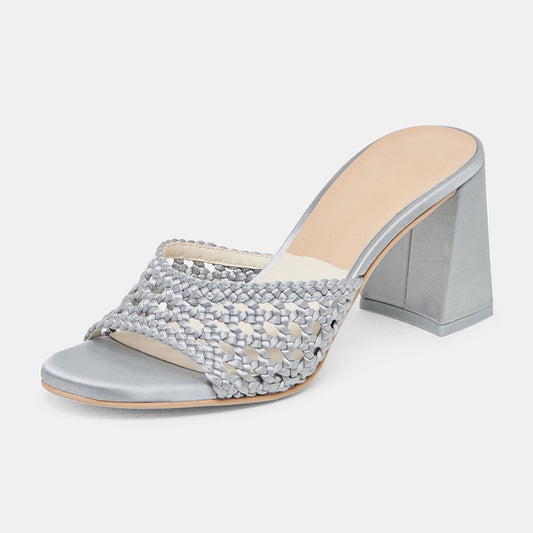 Chic Gray Woven Detail Open Round Toe Mule Block Heel Sandals