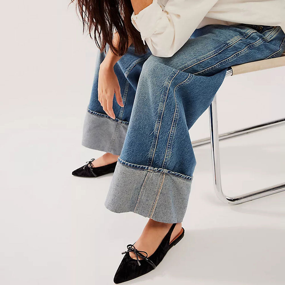 Elegant Black Velvet Bow Strap Pointed Toe Flats with Slingback