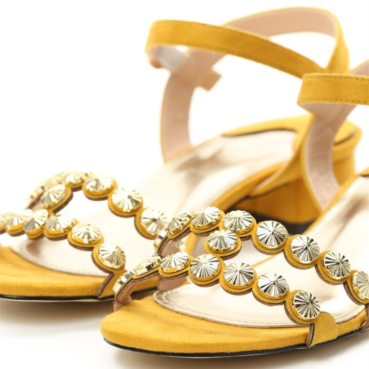 Yellow Vegan Suede Studded Block Heel Sandals