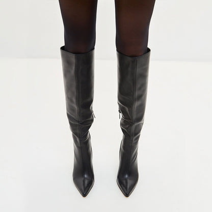 Black Pointed Toe Half-Zipper Stiletto Heel Knee High Boots for Women