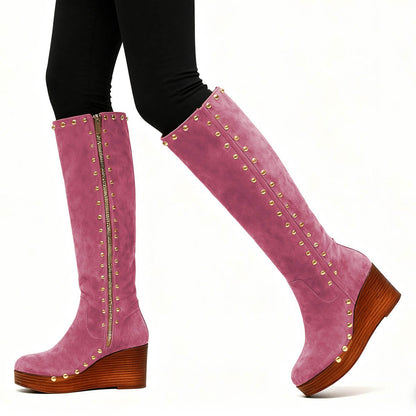 Pink Vegan Suede Studded Platform Wedge Heel Knee High Boots