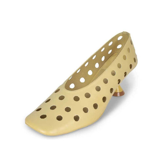 Yellow Square Toe Hollow Out Pumps Shoes with Spool Heel