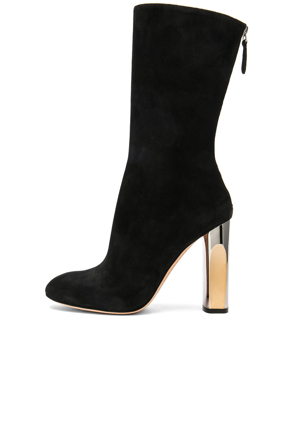 Black Vegan Suede Chunky Heel Mid Calf Boots with Zipper
