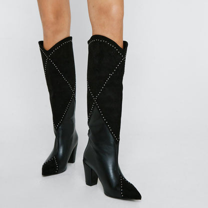 Black Vegan Suede Splicing Pointed Toe Rhinestone Western Tall Boots