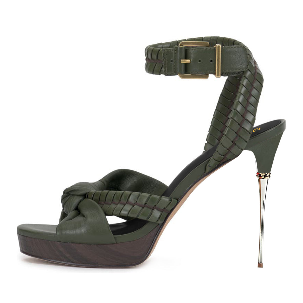 Olive Round-Toe Stiletto Heel Buckled Strappy Woven Platform Sandals
