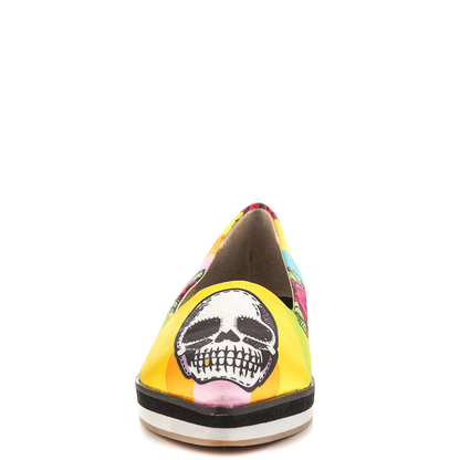 Multicolor Skull & Flower Print Pointed Toe Casual Flats for Women