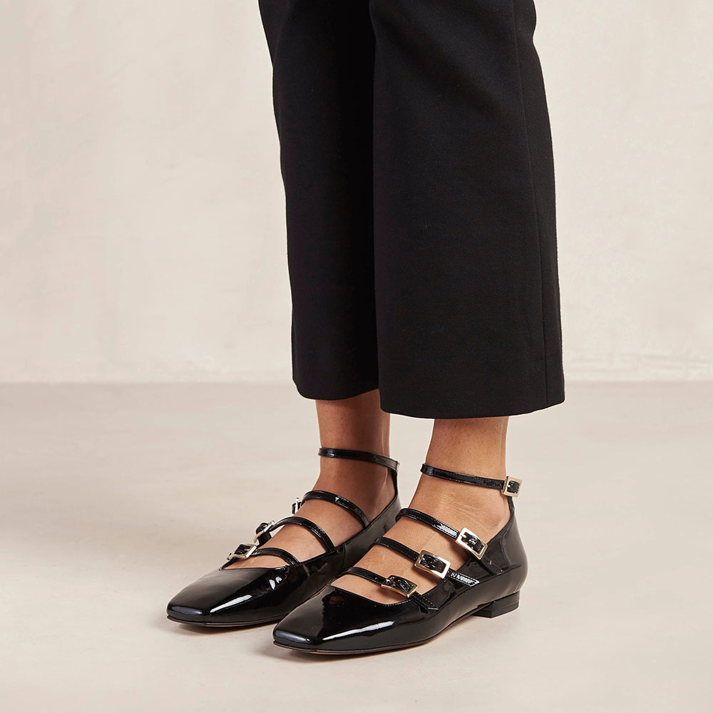 Black Patent Leather Buckled Square Toe Mary Jane Flats