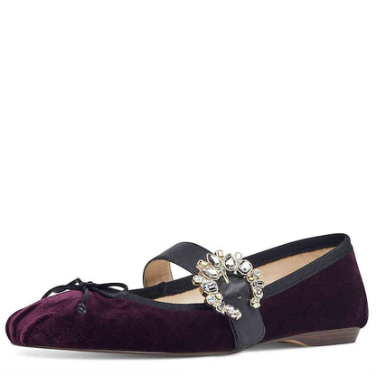 FSJ Velvet Rhinestone Buckle Bow Mary Jane Flats in Burgundy