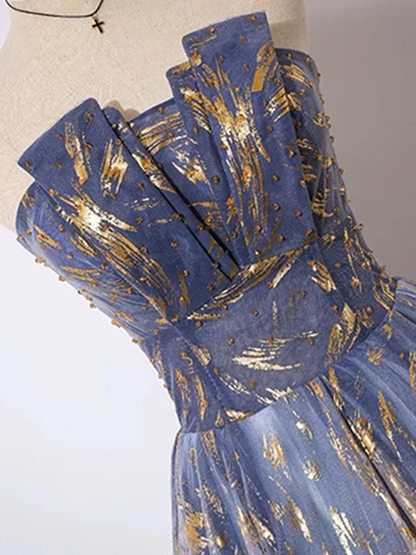 Retro Blue Sequin Strapless Design A-line Tulle Party Dress Homecoming Dress TP4073