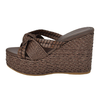 Brown Knot Open Round Toe Woven Wedge Heel Platform Slide Sandals