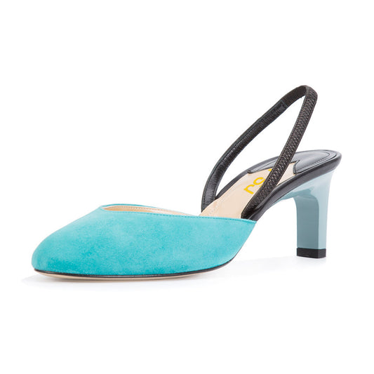 Women's Turquoise Almond Toe Chunky Heel Slingback Pumps