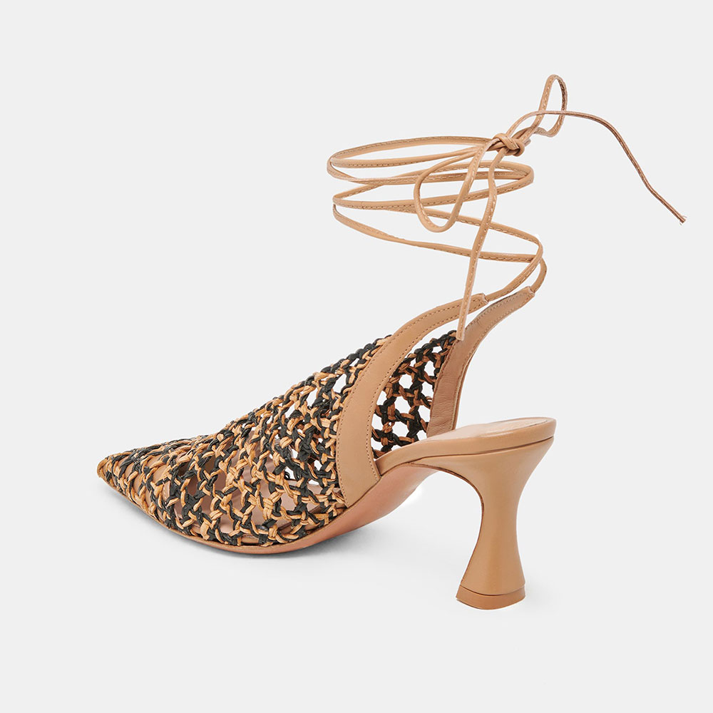 Chic Black & Nude Woven Pointed Toe Lace-Up Flared Heel Sandals