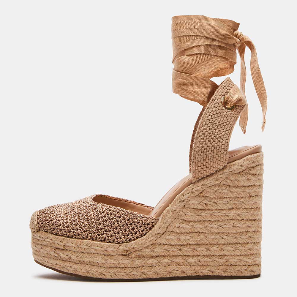 Brown Woven Pointed Toe 5'' Wedge Heel Lace-Up Platform Pumps