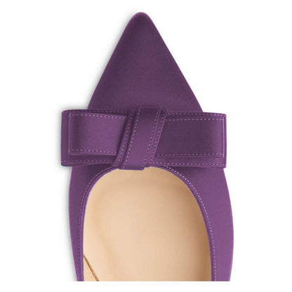 FSJ Purple Satin Women's Pointed Toe Flats with Bow