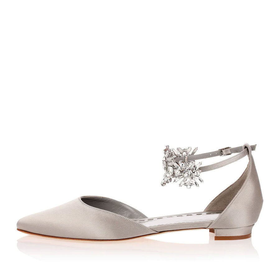 Classy Gray Satin Pointed Toe Ankle Strap Bride Flats with Rhinestone
