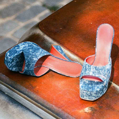 Women's Fashion Open Toe Flared Heels Blue Denim Platform Mules