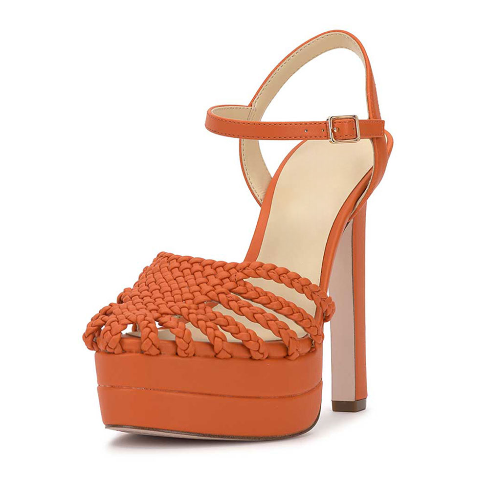 Orange Woven Ankle Strap Round Toe Platform Chunky Heeled Sandals