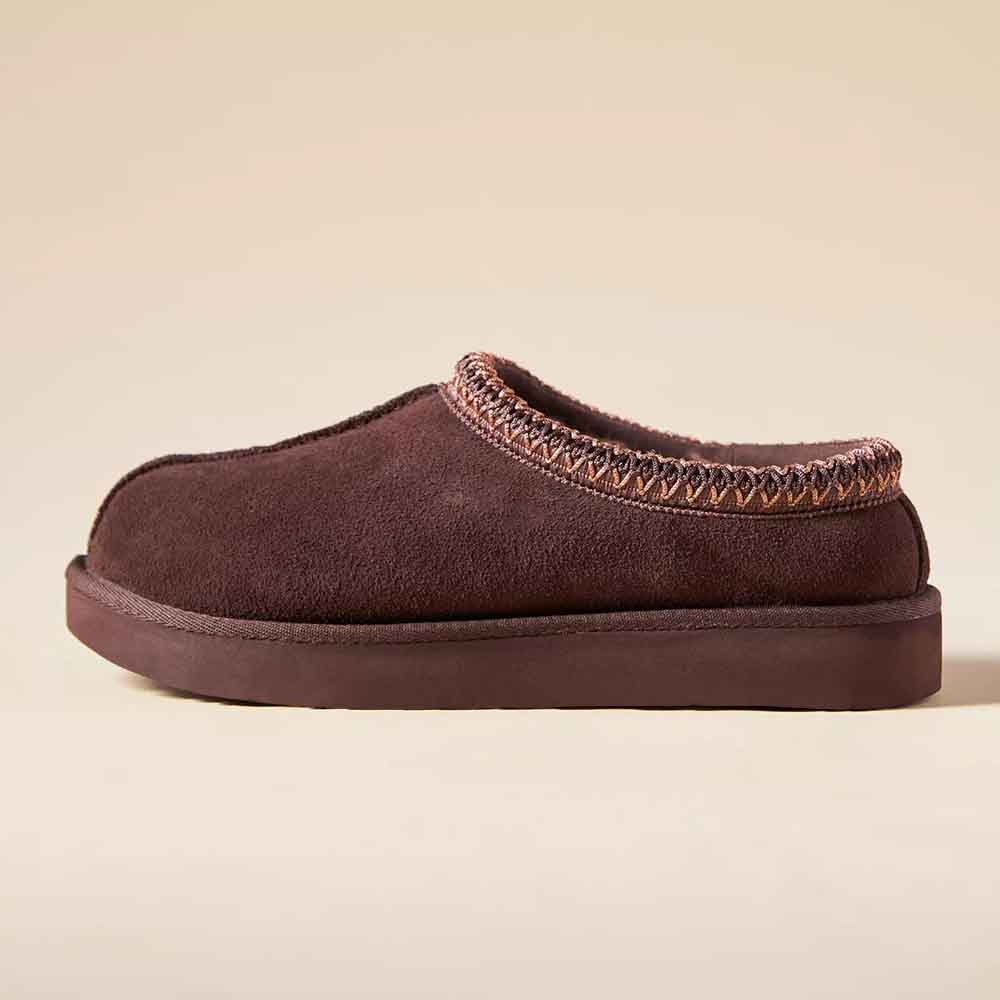 Dark Brown Comfy Vegan Suede Round Toe Fur Lining Flat Slippers