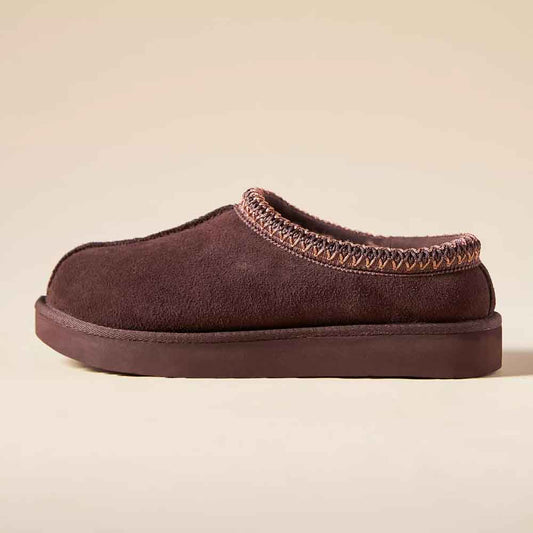 Dark Brown Comfy Vegan Suede Round Toe Fur Lining Flat Slippers