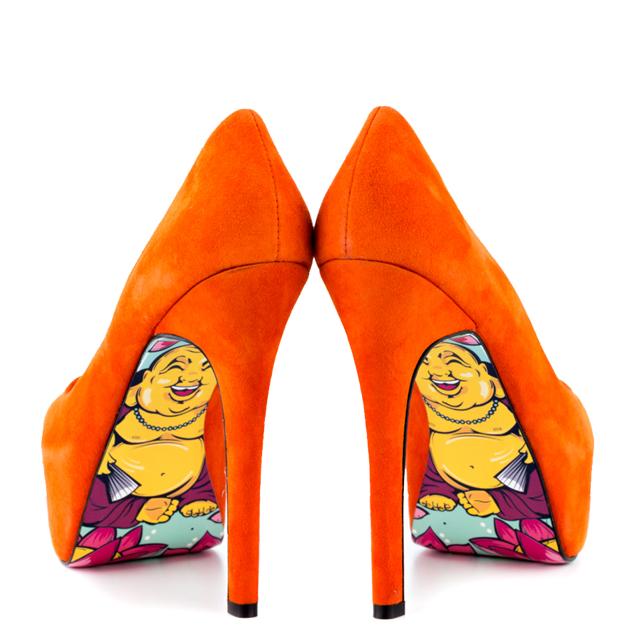 Women's Orange Stiletto Heels Peep Toe Print Outsole Platform Pumps