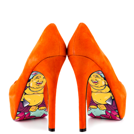 Women's Orange Stiletto Heels Peep Toe Print Outsole Platform Pumps