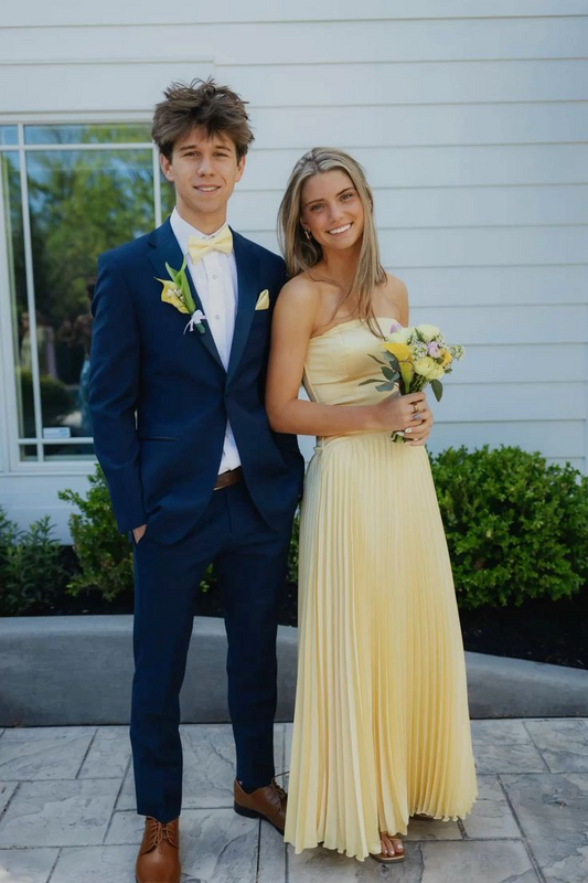 Strapless Yellow Pleated Long Prom Dress Strapless Graduation Gown