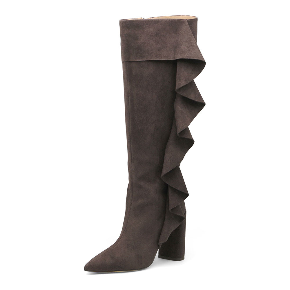 Dark Brown Vegan Suede Pointed Toe Ruffles Chunky Heel Knee High Boots