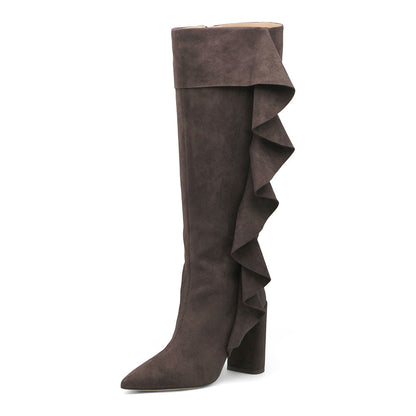 Dark Brown Vegan Suede Pointed Toe Ruffles Chunky Heel Knee High Boots
