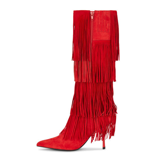 Red Vegan Suede Stiletto Fringe Detail Knee High Boots