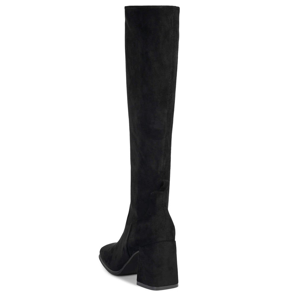Black Faux Suede Square Toe 3'' Chunky Heel Wide Calf Knee High Boots